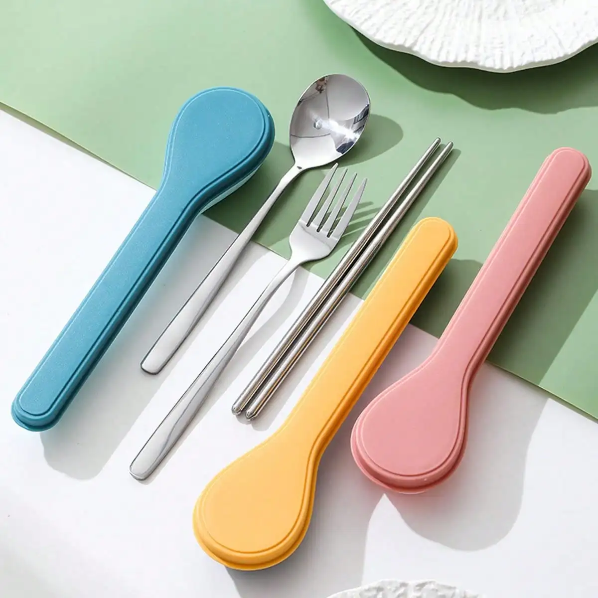 4pc Stainless Steel Travel Cutlery Set Fork Spoon Chopsticks with Portable Case for Camping Picnic
