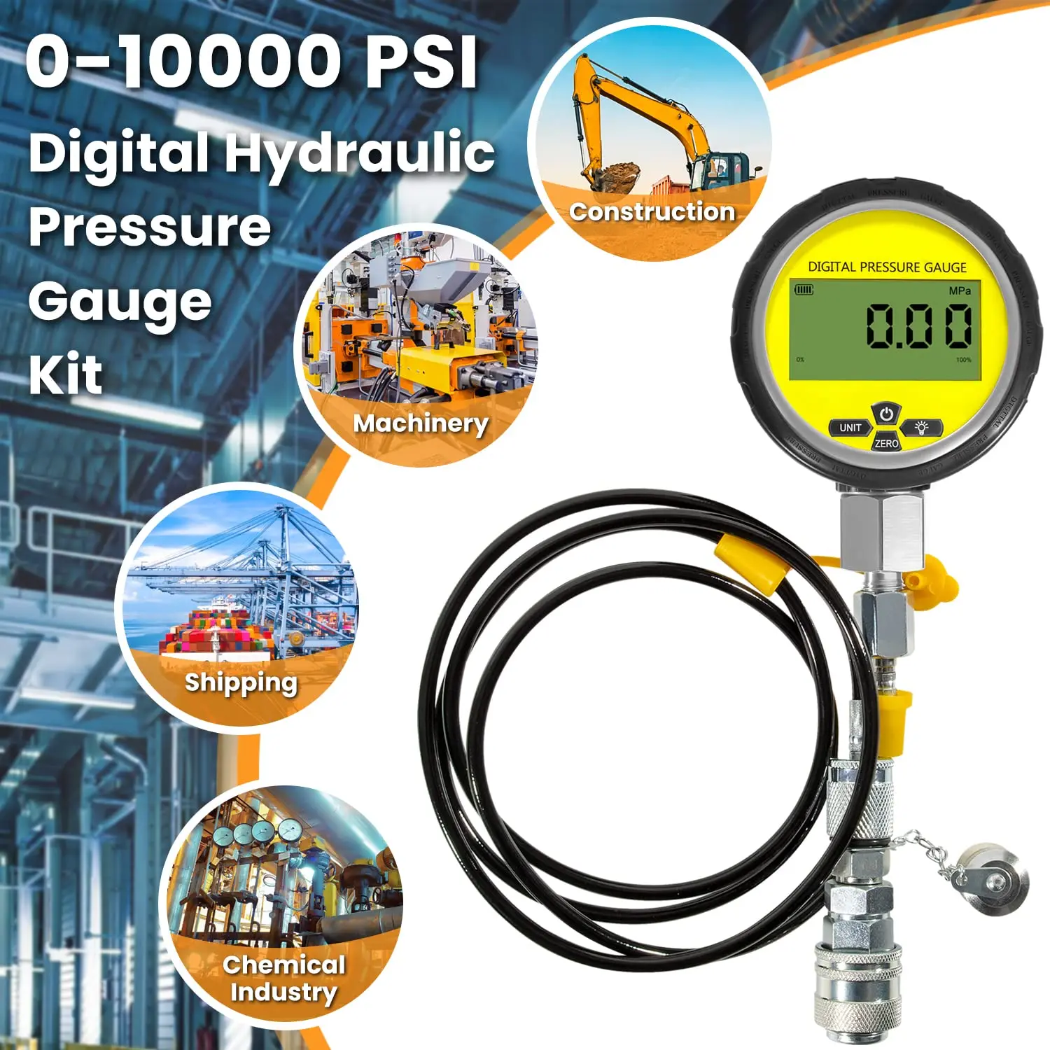 10000PSI Digital Hydraulic Pressure Test Coupling Kit Pressure Gauge Manometer Tester for USA Brand Excavator 1 Gauge 1 Hose 2