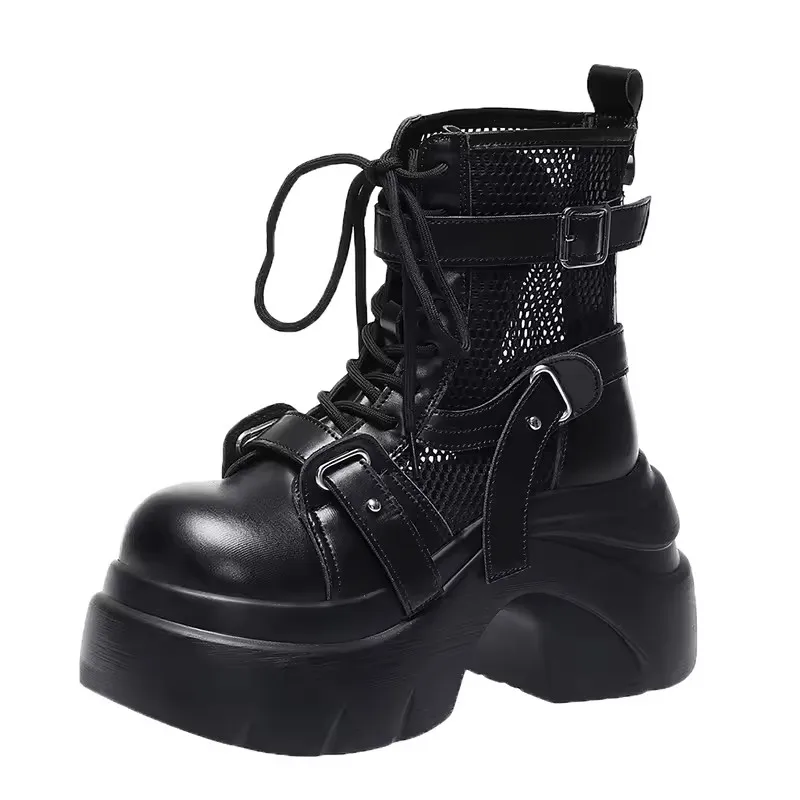 

Designer Women's Short Boots New Early Autumn Mesh Leather Chunky Boots Gladiator High Platfom Buckle Goth Boots Mujer Zapatos