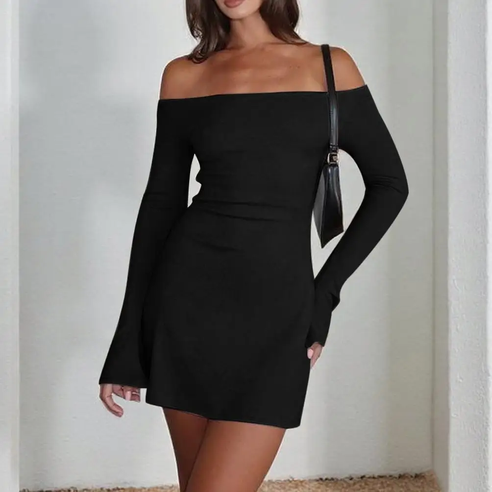 Abito da donna a maniche lunghe con collo slash slim fit e nuovo temperamento autunnale