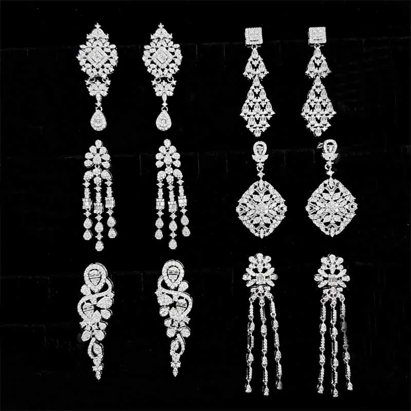 

silver 925 Vintage Fine Jewelry Luxury Daily Earring Sparkling Full Diamonds Elegant Hollow out tassel flower earrings for women