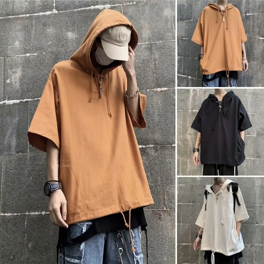 

3 Colors Summer Hooded T shirt Men Korean Half Sleeve Pullover Streetwear Loose T-shirt Tops Drawstring Men Clothing