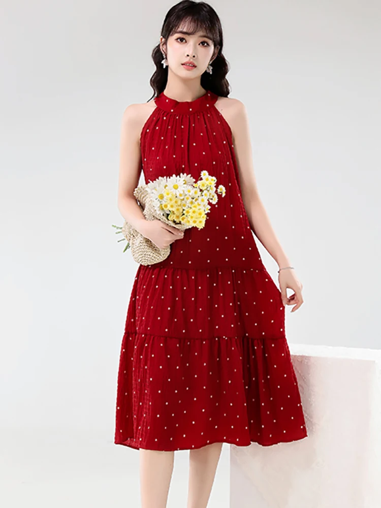 

Summer Red Polka Dot Chic Neck-mounted Long Dress Women Elegant Casaul Loose Waist Dress 2025 Korean Vintage Luxury Night Dress