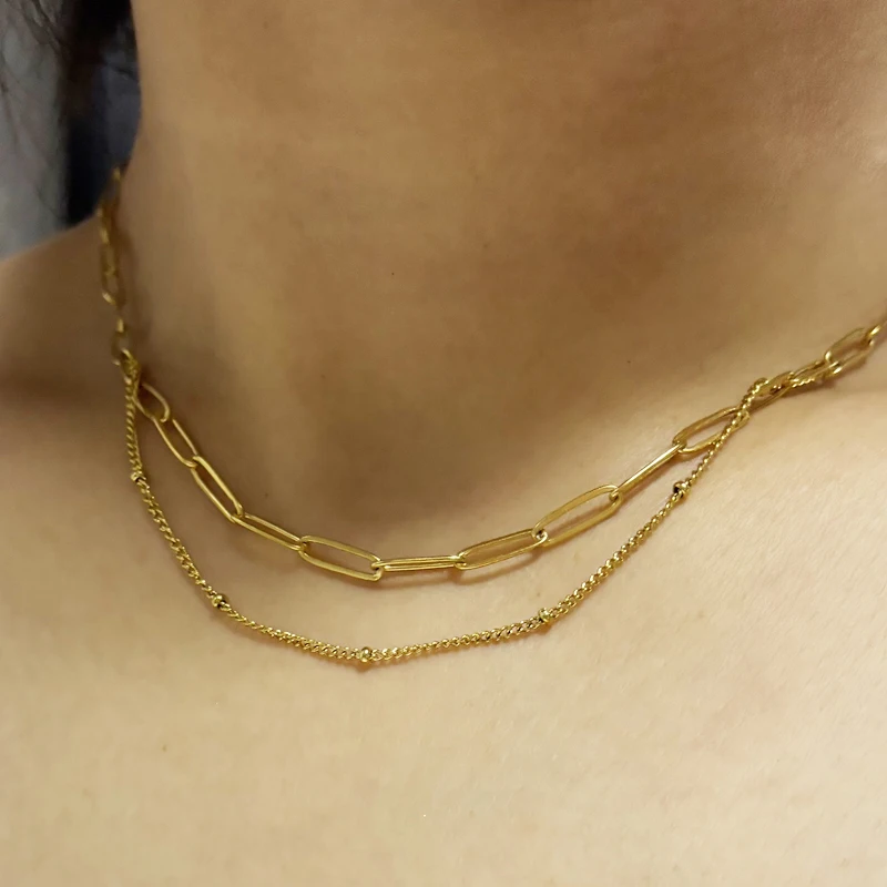 

Cute Gold Color Double Bead Chain Necklace Unisex Steel Layer Choker Clavicle Collars DIY Accessories Wholesale