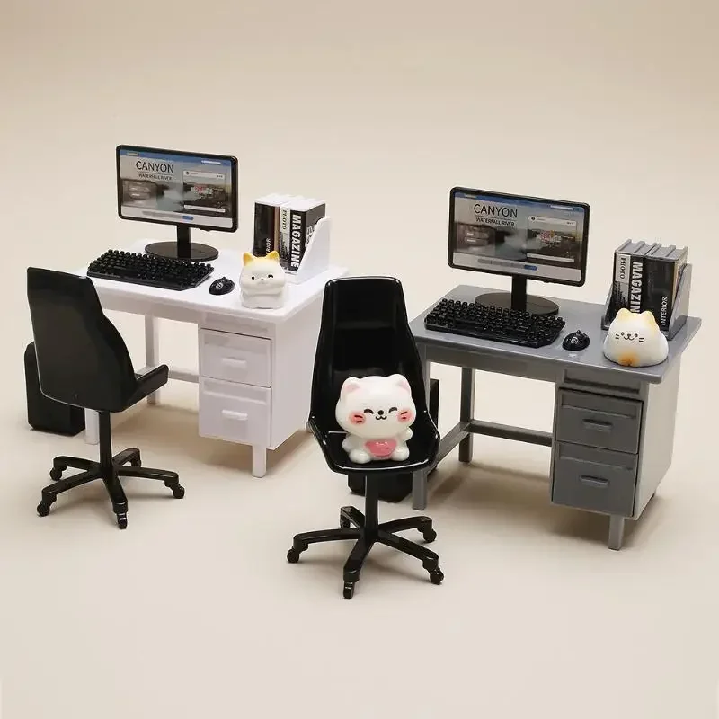 1 Set 1/12 Scale Dollhouse Miniature Furniture Kit With Computer Keyboard Desk Chair Miniature Scene Model Home Study Room Decor