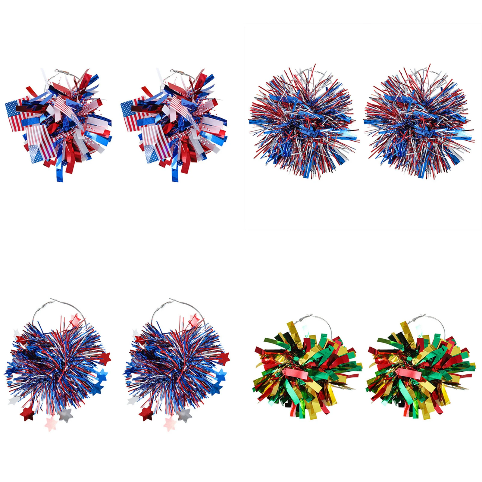 

4th Of July Independence Day Red White Blue Shiny Silk Earrings Pompom Earrings American Flag Festive Atmosphere Earrings