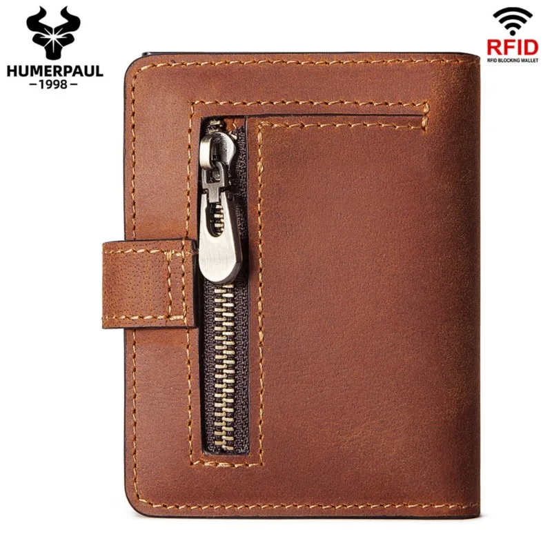 Men's RFID Blocking Retro & Luxury Zipper Genuine Leather Wallet Fashion Multi-Slot ID Credit Card Holder Billeteras Para Hombre