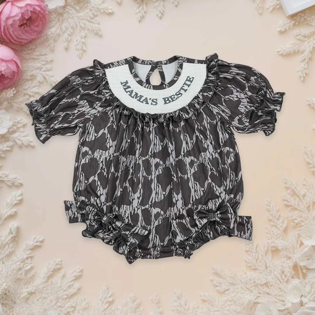

Newborn Short Sleeves Bubble Embroidery Smocked Mama Camo Hunting Ruffle Romper Baby Girl Kids Toddler Infant Jumpsuit Wholesale