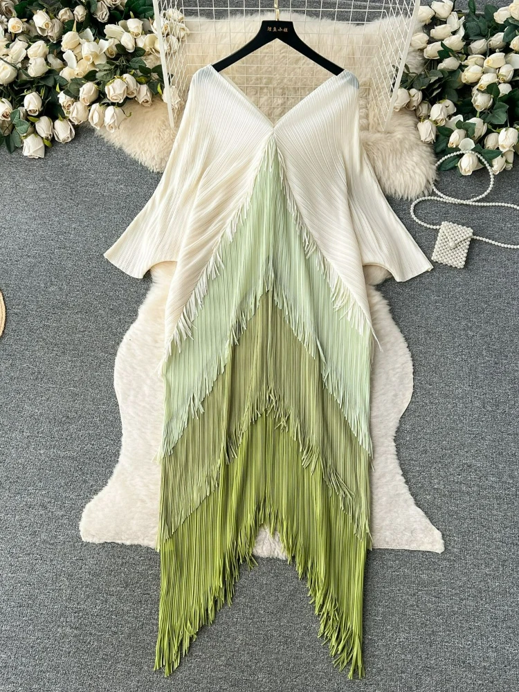 Miyake Tassel Patchwok Color Block Dress for Women Pleated Batwing Sleeve Mid-calf Dresses Fashion Female 2025 Summer - Image 6