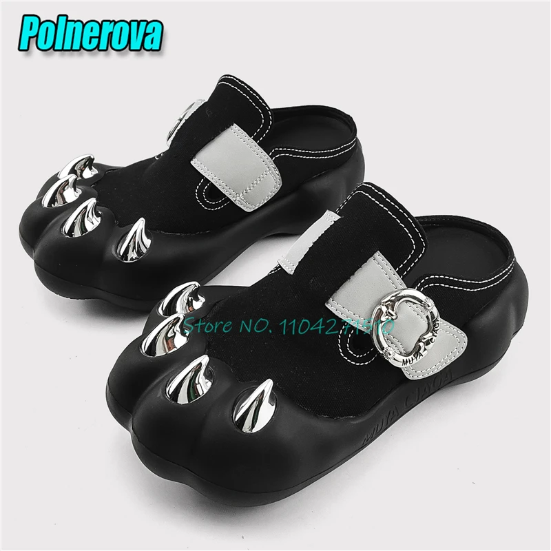 Novelty Cat Claw Toe Rivet Half Slippers for Women Metal Buckle Platform Slip-On Mules Summer New Thick Soled Casual Flat Shoes
