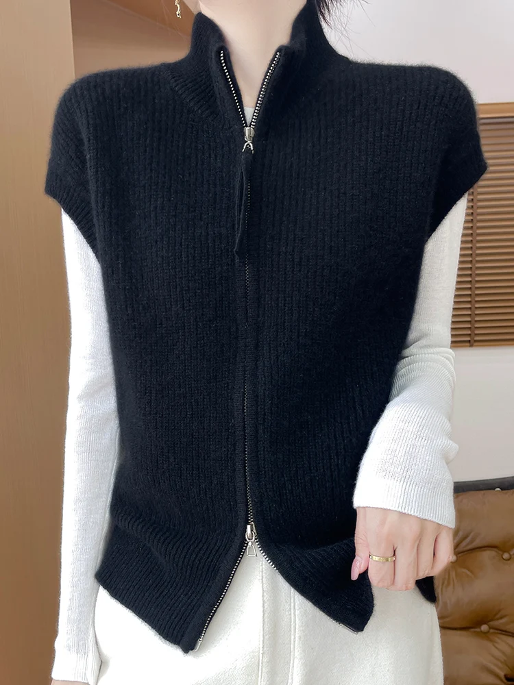 New Chic Autumn Winter Women Cashmere Vest 100% Merino Wool Sweater Waistcoat Turn Down Collar Zipper Knitwear Top Clothing