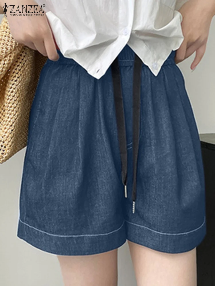 

ZANZEA Elastic Waist Drawstring Short Trousers Denim Pleated Casual Women Shorts Korean Fashion Solid 2024 Summer Short Pants