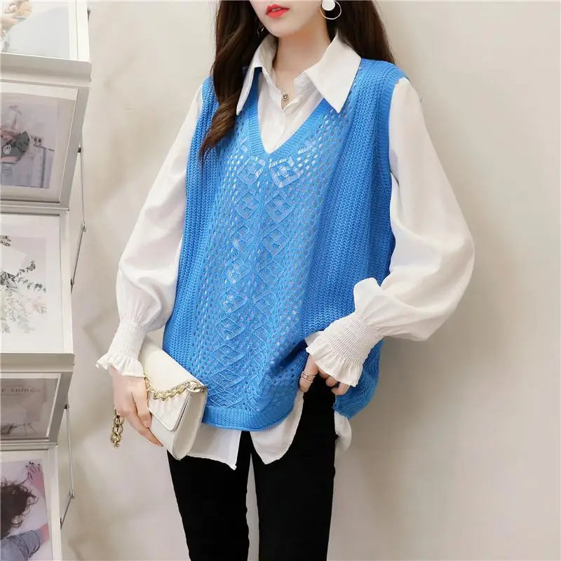 Fashion V-Neck Solid Color Hollow Out Vest Sweaters Women\'s Clothing 2024 Spring New Loose Knitted Korean Pullovers Casual Tops