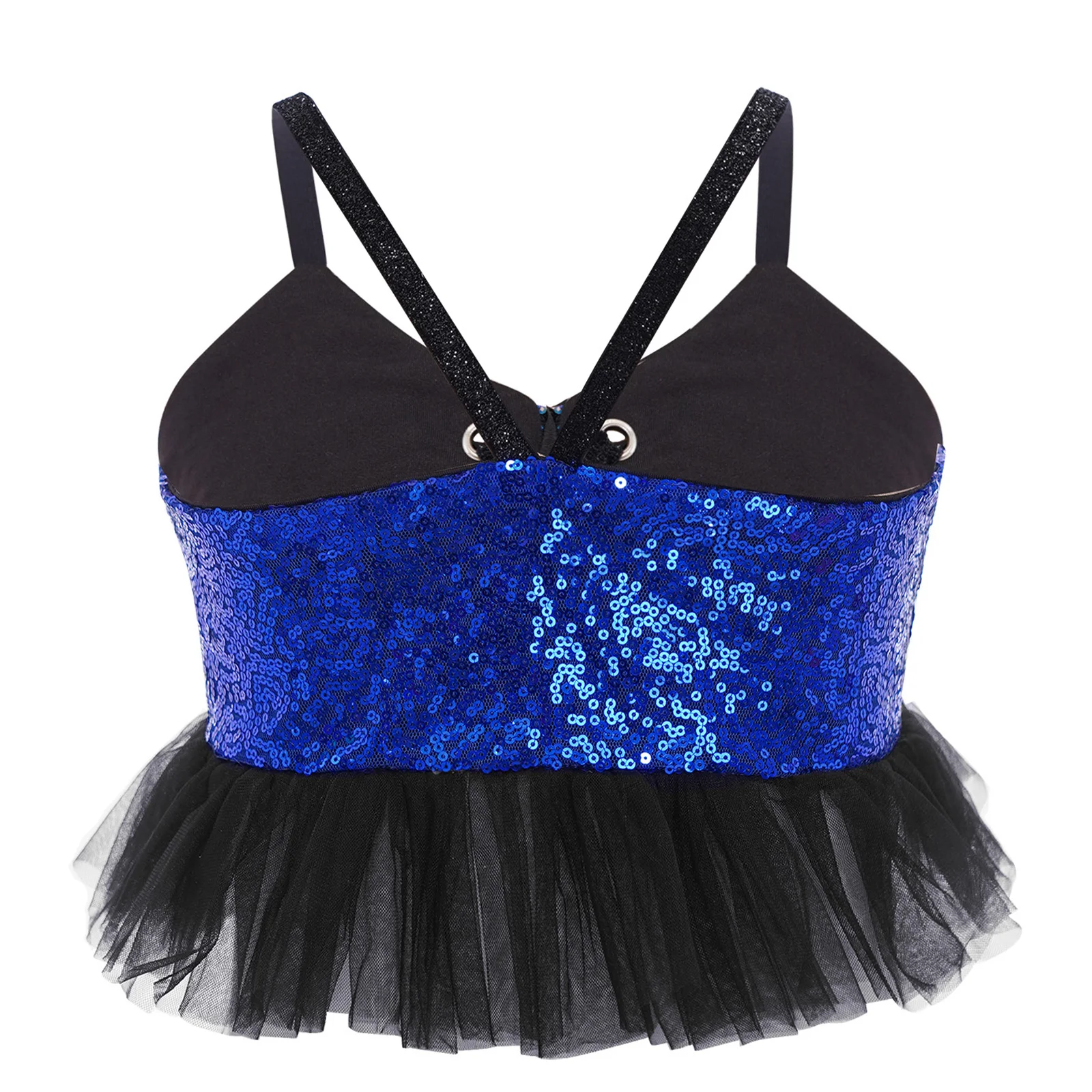 Kids Girls Jazz Hip-hop Dance Crop Top Vest Tulle Ruffles Sequins Camisole Tops Gymnastics Figure Skating Performance Costume