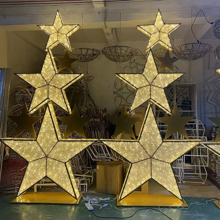 Giant PVC Mesh Star with Golden Structure LED Motif Light for Christmas Tree Wedding and Home Decoration in Shopping Malls