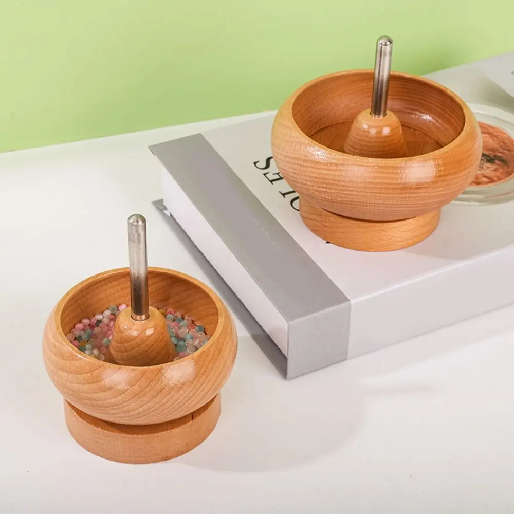 Easy Rotation Wooden Bead Spinner Solid Wood Wooden Bead Loader Spinner with Needle Automatic Speed Electric Spinning Bead Bowl