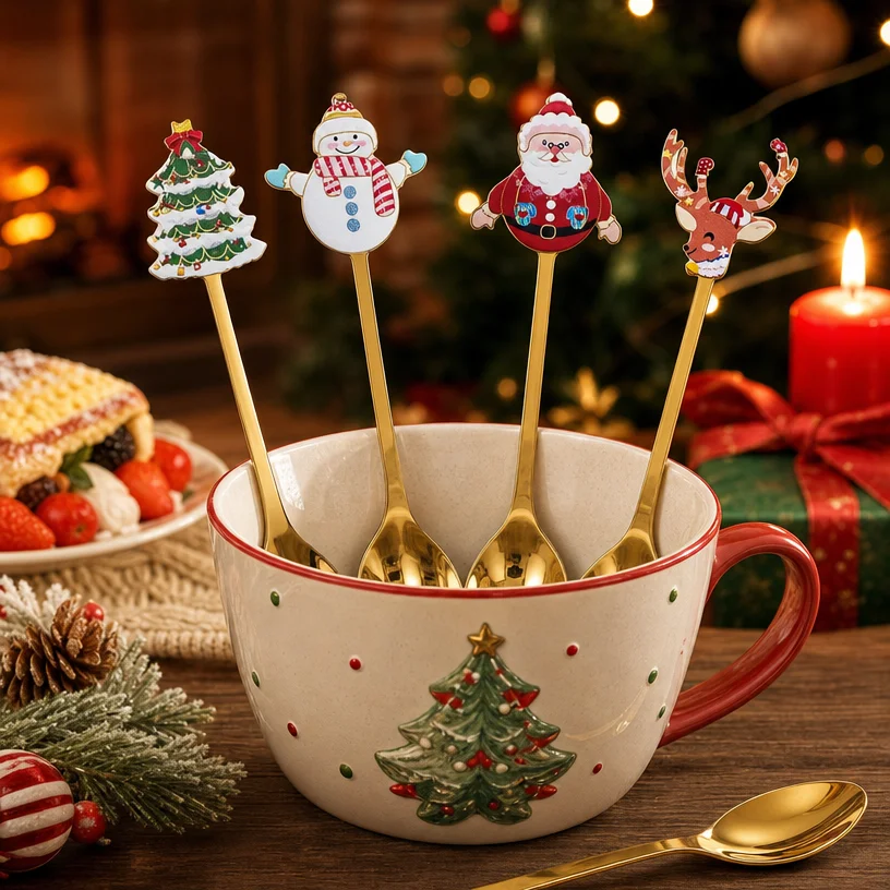 Xmas 304 Stainless Steel Golden Tableware Set Santa Snowman Reindeer Tree Coffee Spoon Fruit Fork Holiday Gift Box Set