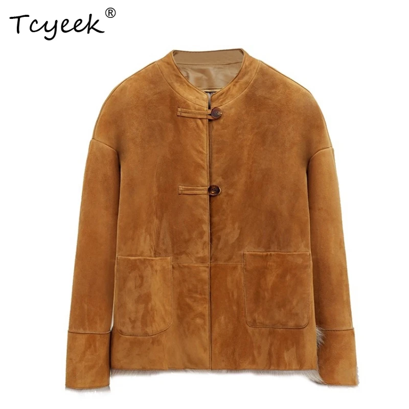 Tcyeek Genuine Wool Autumn Winter High End Trendy Round Necked Maillard Casual Women's Wool Shearing Fur Coat Fourrures Femme