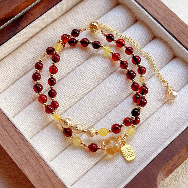 

Natural Amber and Beeswax-Based Dual-Layered Bracelet Blood Amber and Citrine Energy for Prosperity, Wellness, Lasting Affection