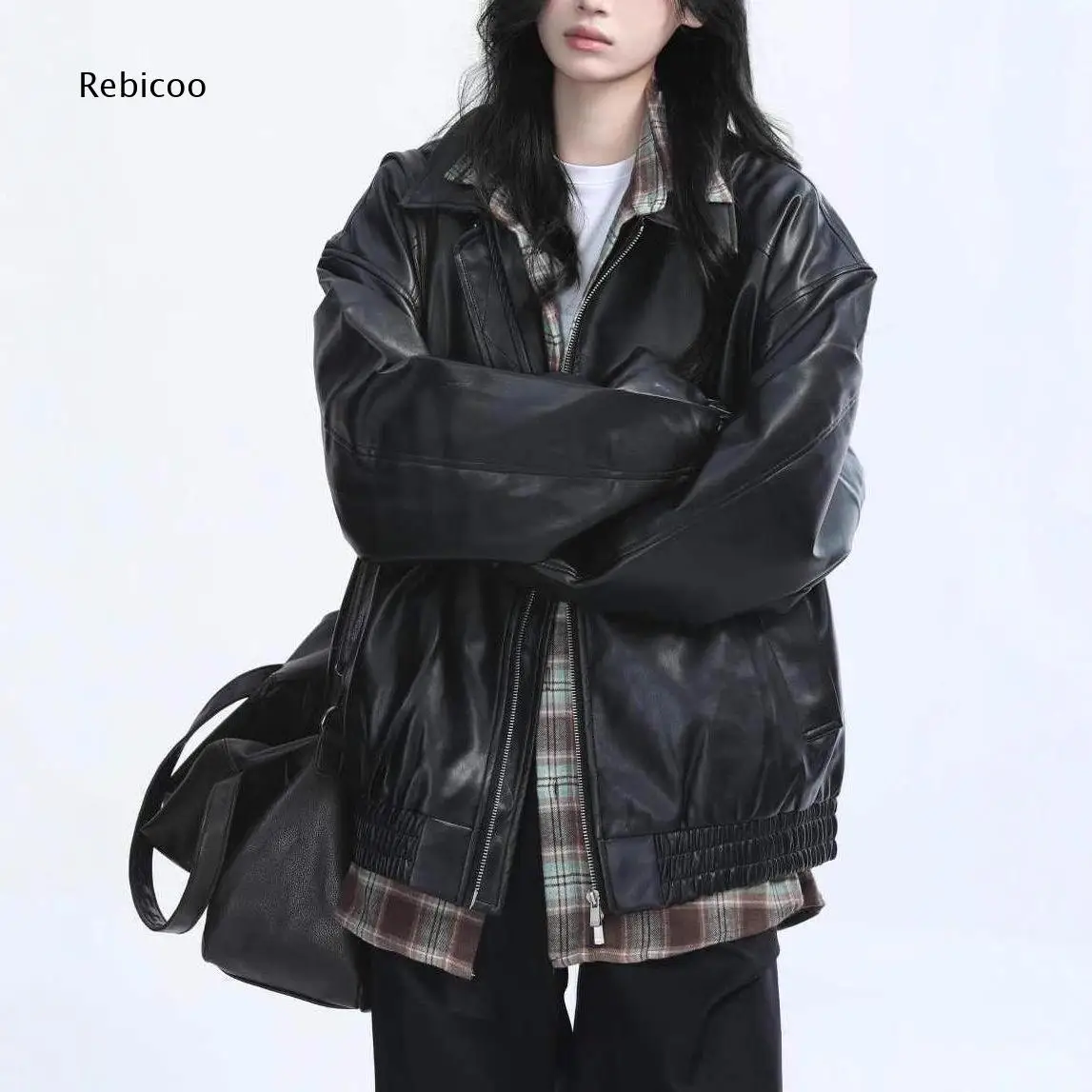 Women Drop Shoulder Faux Leather Moto Jacket Zip Up Design Lapel Collar Elastic Hem Long Sleeve Streetwear Outer Coat