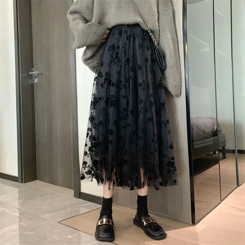 Elegant Floral Women Tulle Skirts High Waist Korean Flocking Pleated Midi Skirts Mesh Summer Office Ladies Skirt New