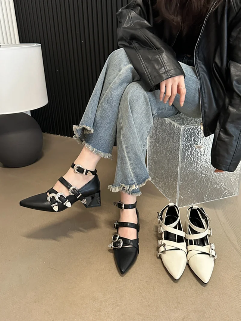 Pointed Toe Women Flat Loafers Belt Buckle Autumn Spring Women Fashion Party Pumps Black White Silver Loafers Shoes Low Heels