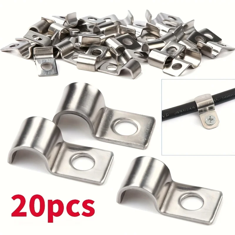 20PCS 304 Stainless Steel U-Shaped Cable Clips, Heavy Duty Single Hole Riding Clips for Wire, Cable and Pipe Fixing