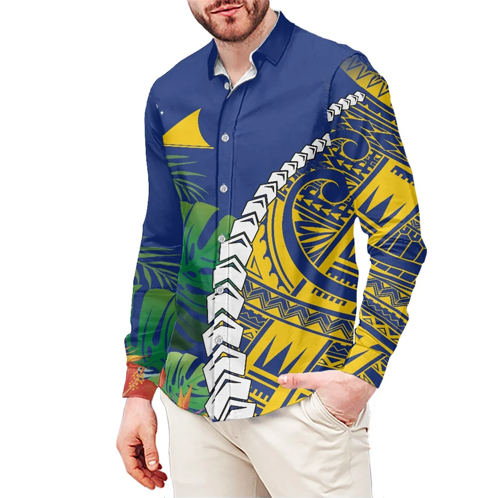 Autumn Men Business Shirt Top Polynesian Tribal Clothing Tokelau Islands Tattoo Print Long Sleeve Button Up Collar Shirts 2023