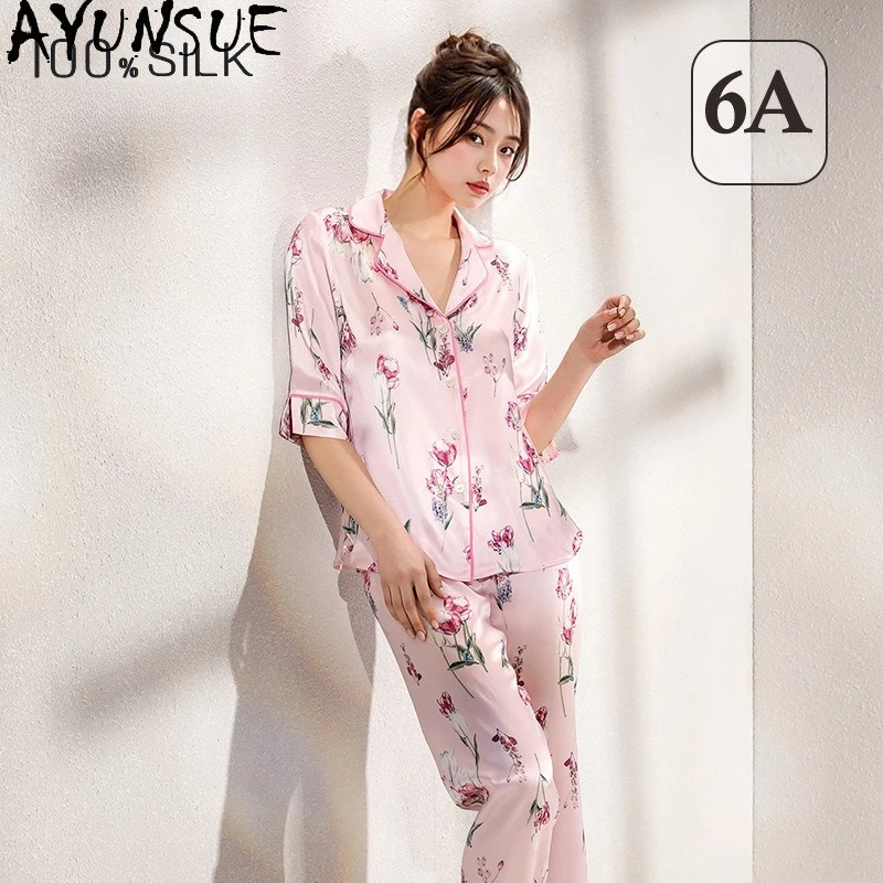 AYUNSUE 100% Mulberry Silk Pijamas Women 19MM Silk 2026 Spring and Summer New Arrive Sleepwear Set Bathrobes Пижама Женская 잠옷