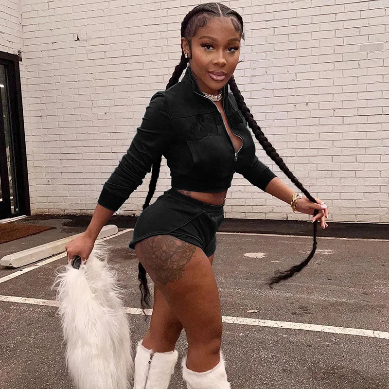Cargo Pant Biker Shorts Two Piece Set Women Winter Outfit Streetwear Y2K Clothes Zip Up Cropped Jacket 2 Pieces Sets Tracksuit