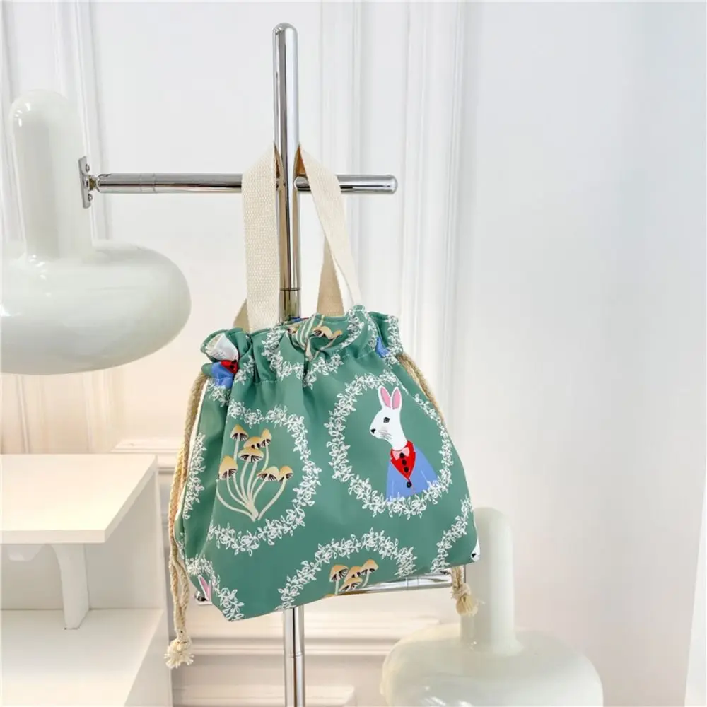 

Cute Flower Drawstring Bag Cartoon Print Canvas Bucket Bag Tote Bag Drawstring Pocket Knot Wrist Bag Shopping