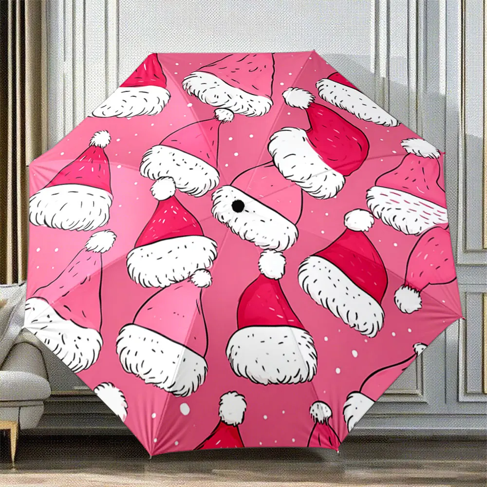 Pink Background Santa Hats Pattern Christmas Umbrella Portable Folding Umbrella, Gift for Family And Friends
