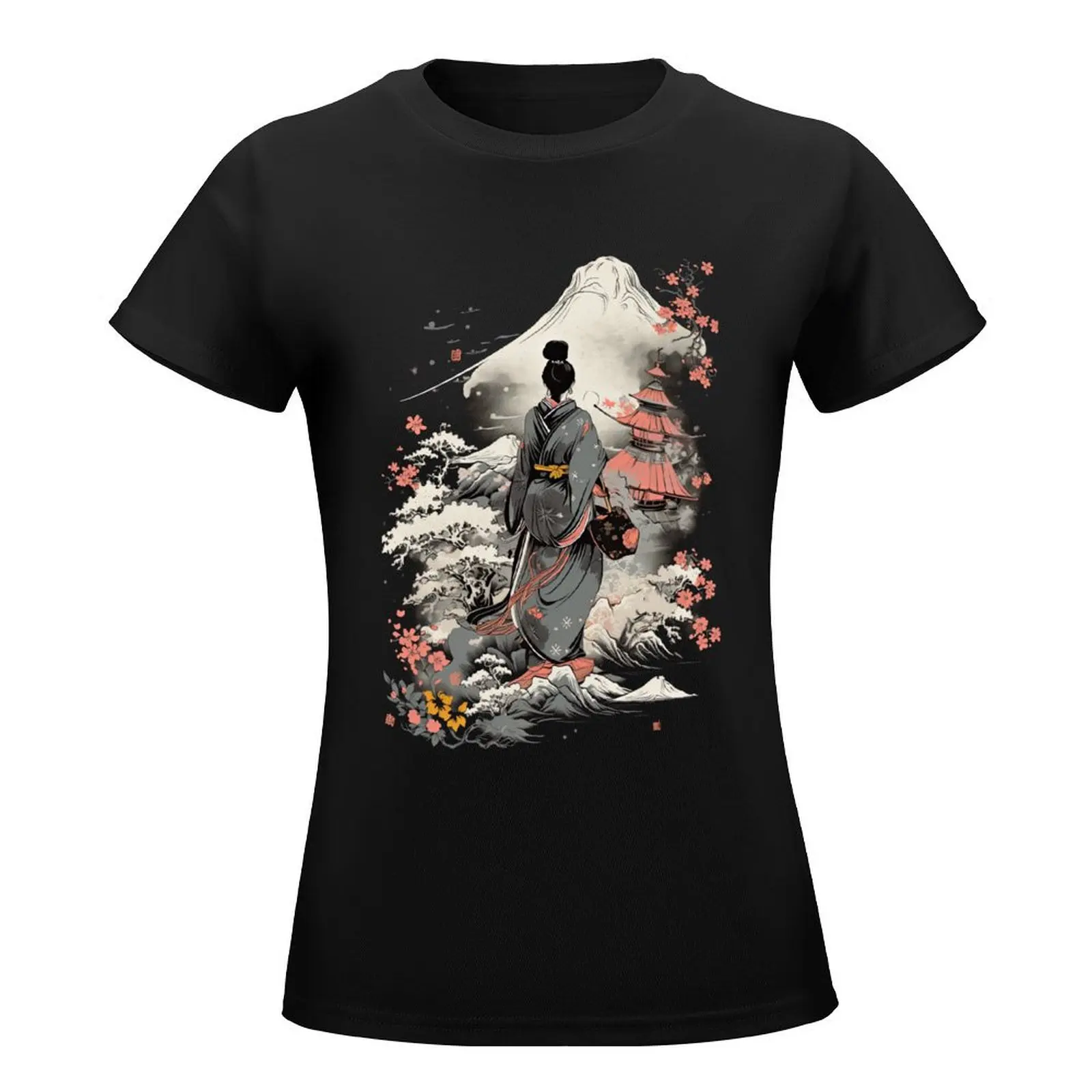 Japanese Style Drawing Of A Woman In A Field Of Flowers T-Shirt tops sublime Aesthetic clothing white t shirts for Women