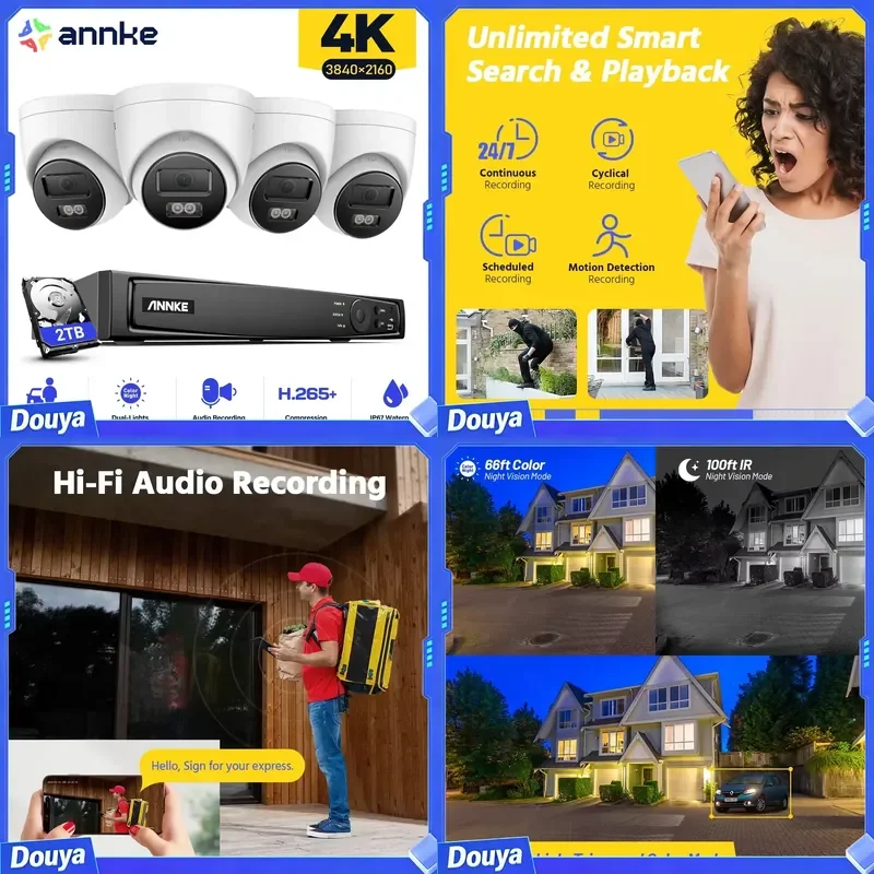 ANNKE 4K 8MP PoE IP Camera Kit H.265+ 8Ch NVR Human/Vehicle Detection IP67 Built-in Mic Motion Detection 2.0 Vision Remote