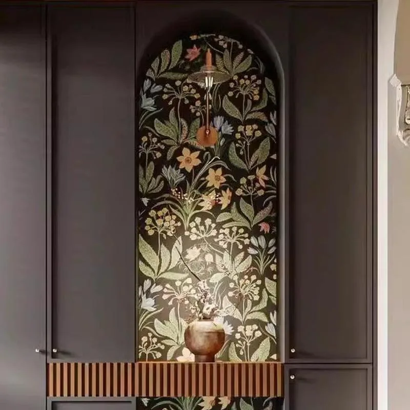 American pastoral wall covering living room bedroom entrance background wall retro black background green floral wallpaper