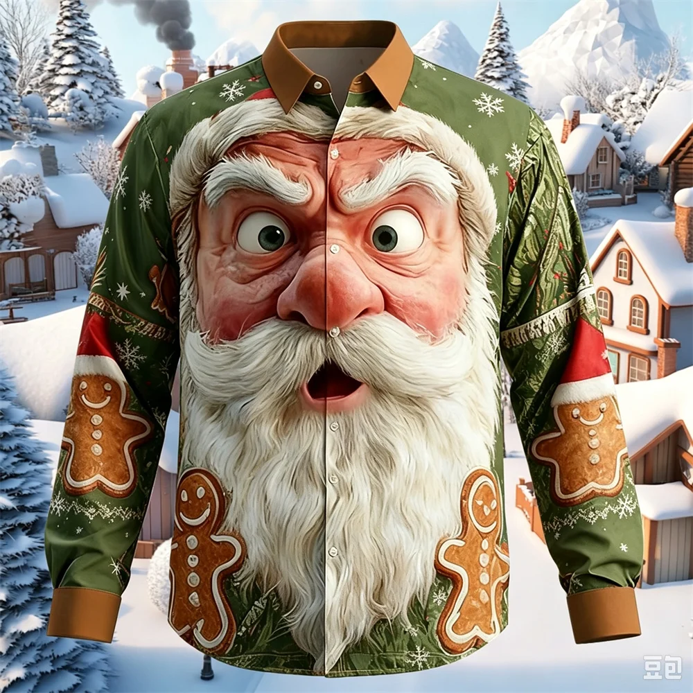 Autumn Men's Christmas Long Sleeved Shirt Graphic Button Long Sleeve Lapel Tops Casual Loose Holiday Outdoor Wear Shirts for Man