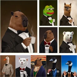 Funny Memes Capybara Duck Wear Buiness Suit Drink Coffee Posters Canvas Painting Animal Wall Art For Living Room Home Decoration