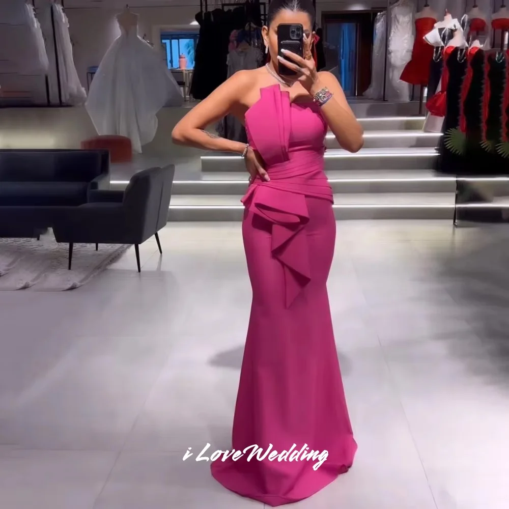 

Rose Pink Strapless Evening Dresses 2025 Satin Sleeveless Mermaid Pleated Floor-Length Elegant Wedding Party Dresses Customized