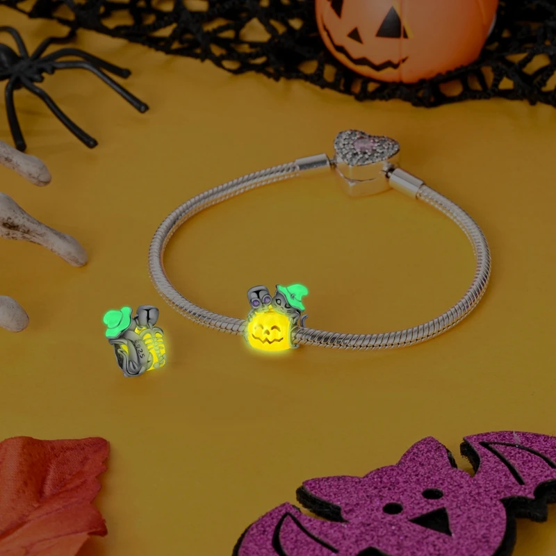 2024 New 925 Sterling Luminous Halloween Skull Witch Pumpkin Candy Charms Beads Fit 3mm Original Bracelets DIY Party Jewelry
