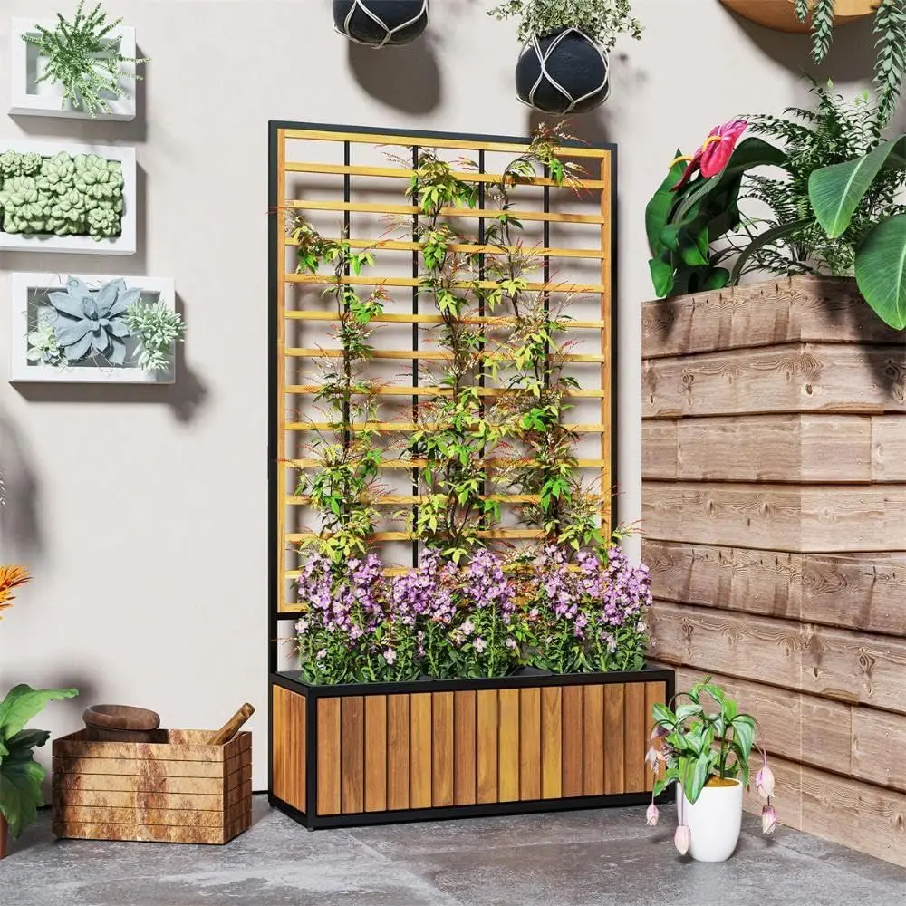 

Teak Planter Box with Trellis, 29.1W x 10.6D x 51.6H, for Backyard Gardening, Black