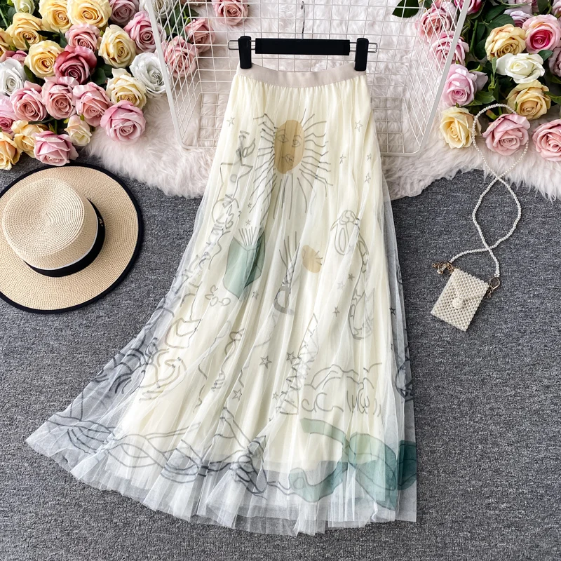 OCEANLOVE 2023 High Waist Skirts Women Print Mesh A-line All Match Mujer Faldas Korean Vintage Fashion Long Skirt Clothing 17449