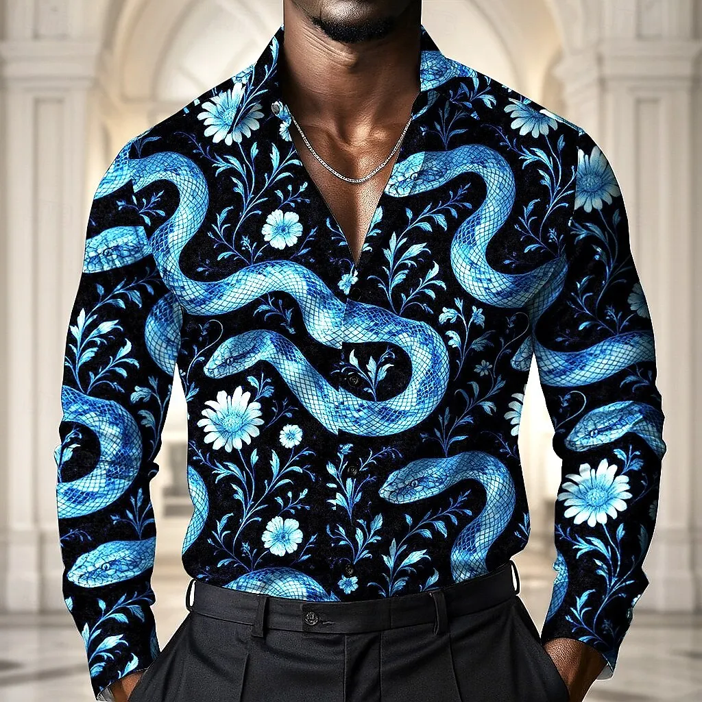 Men's Animal Snake Flowers Casual Shirt Long Sleeve Vintage Retro Vacation Daily wear Fall Turndown 3D Print Button Up Shirts