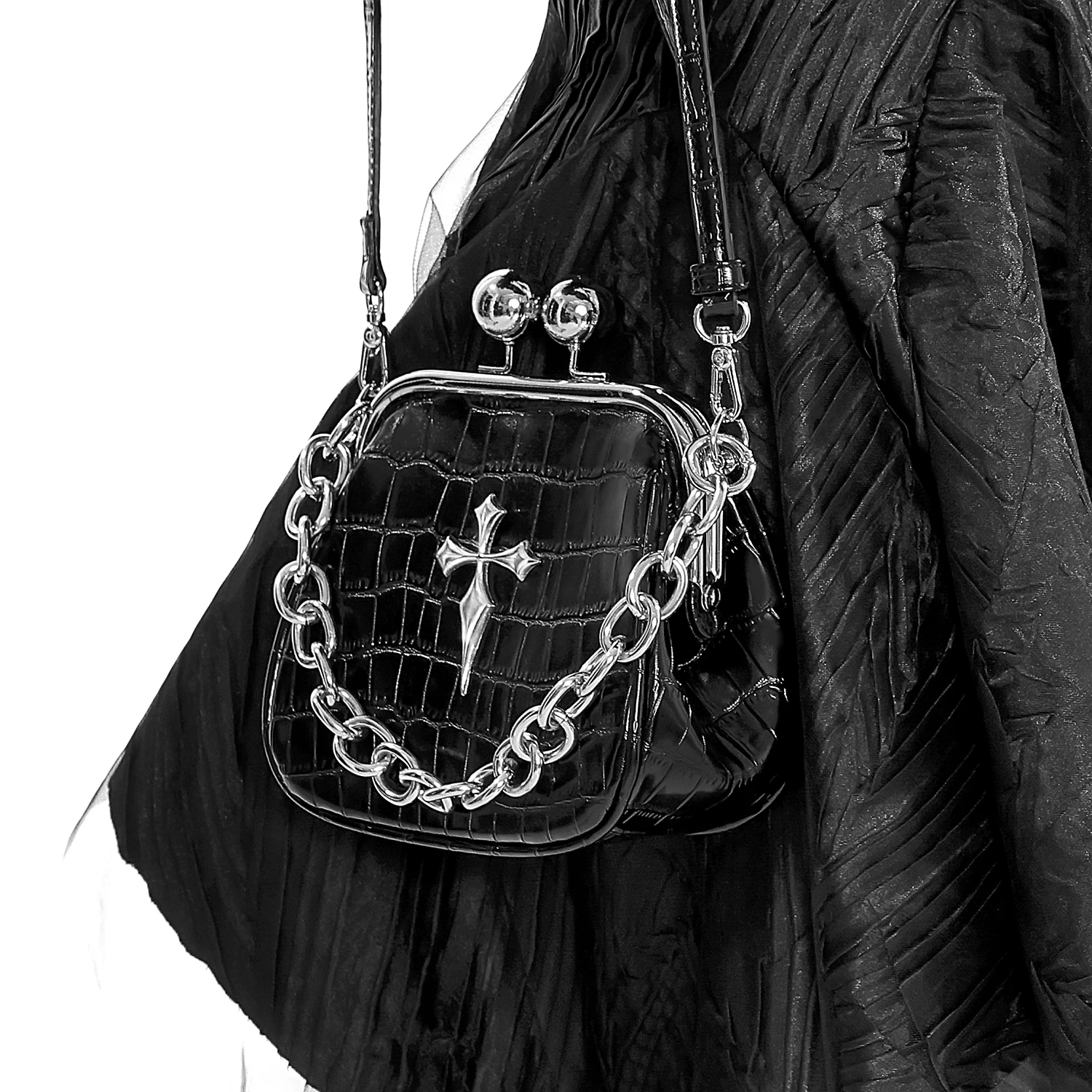 Cool Crocodile Pattern PU Leather Crossbody Handbag Punk Style Chain Clip Bag British Style Geometry Pattern Casual Shoulder Bag