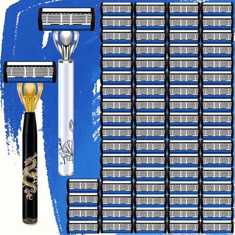 Luxurious and trendy men's manual razor set, 2 anti-slip handles, 24 sharp blades, safe and painless, a must-have for men