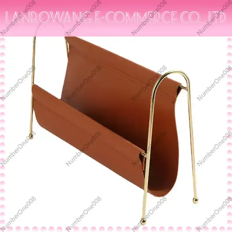 Nordic Metal Magazine Rack - Faux Leather Desk Organizer with Gold Frame, Compact Storage for Home Office/Bookshelf Decor