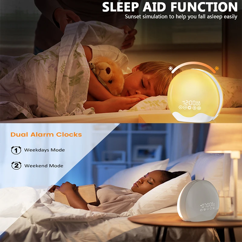 Digital Alarm Clock with Radio Wake Up Lights Sunrise Alarm Clock for kids Desk clock with Night Light Natural Sound Sleep Aid