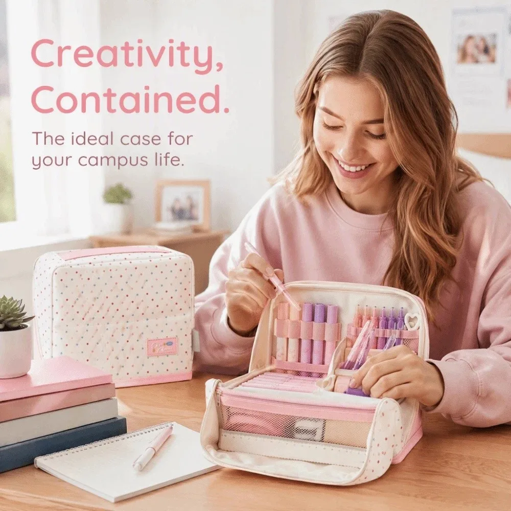 Large Capacity Magnetic Standing Pencil Case Portable Hand-held Polka Dot Pen Bag Multi-layer Multifunctional Stationery Bag