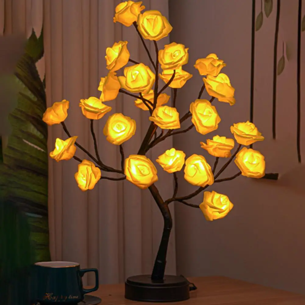 24 LED Rose Tree Lights USB Plug Table Lamp Fairy Flower Night Light For Home Party Christmas Wedding Bedroom Decoration Gift