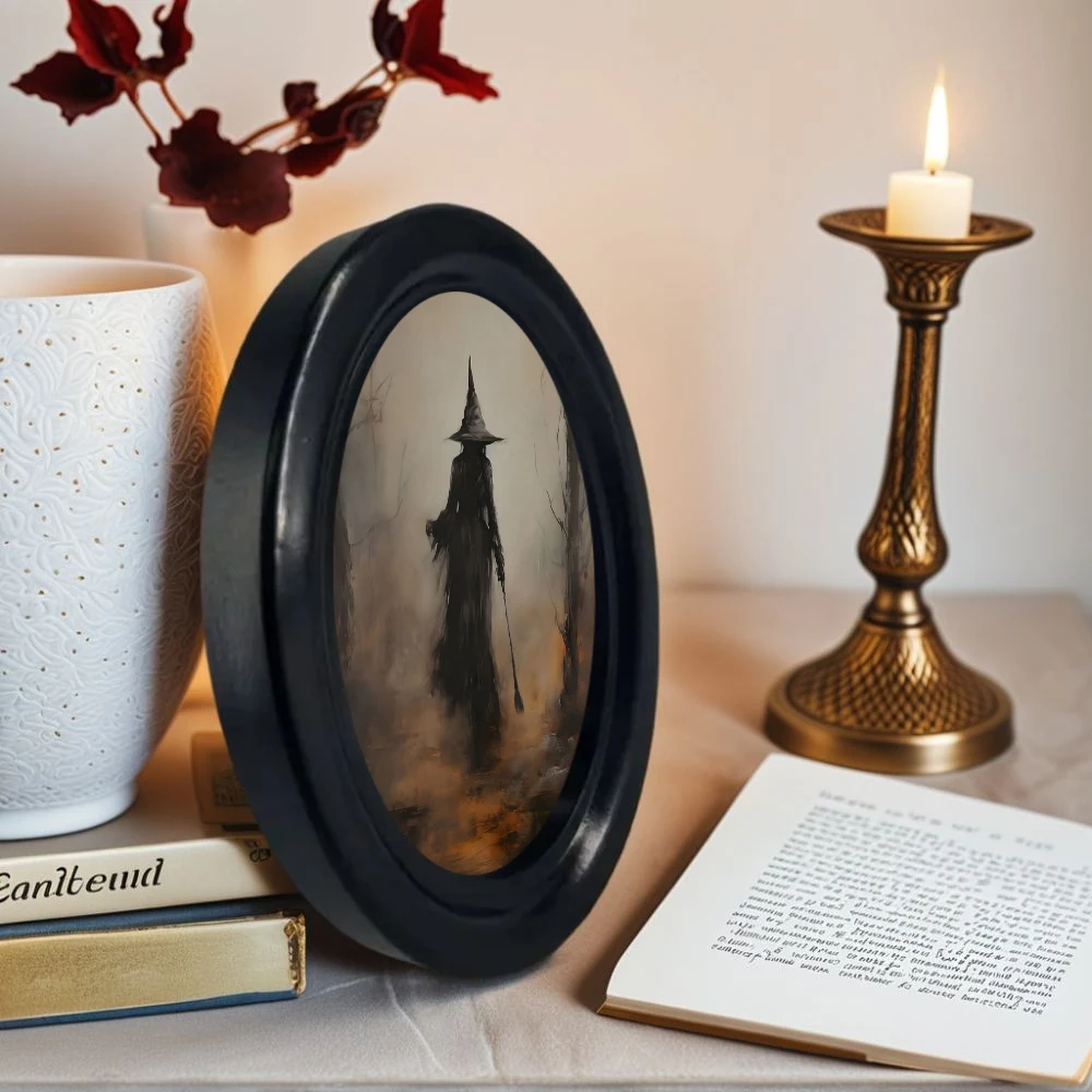 1 Piece of Retro Halloween Witch Decorative Mural - Handmade Oval Wooden Decorative Wall Art (5.25* 4.16inch), Oval Decoration, Halloween, Christmas, Thanksgiving Victorian Room Dark Decoration, Witch Style - view 5