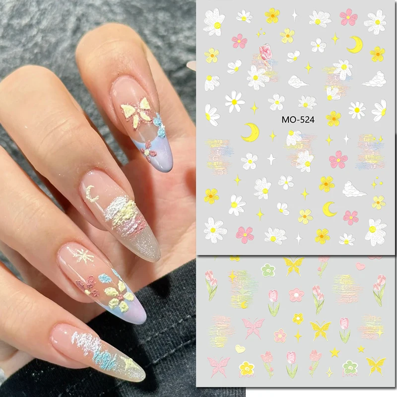 

5d тисненные наклейки для дизайна ногтей, картина маслом, облако, луна, звезда, маленькие цветы, бабочки, ползунки, наклейки, украшенные маникюрными ногтями